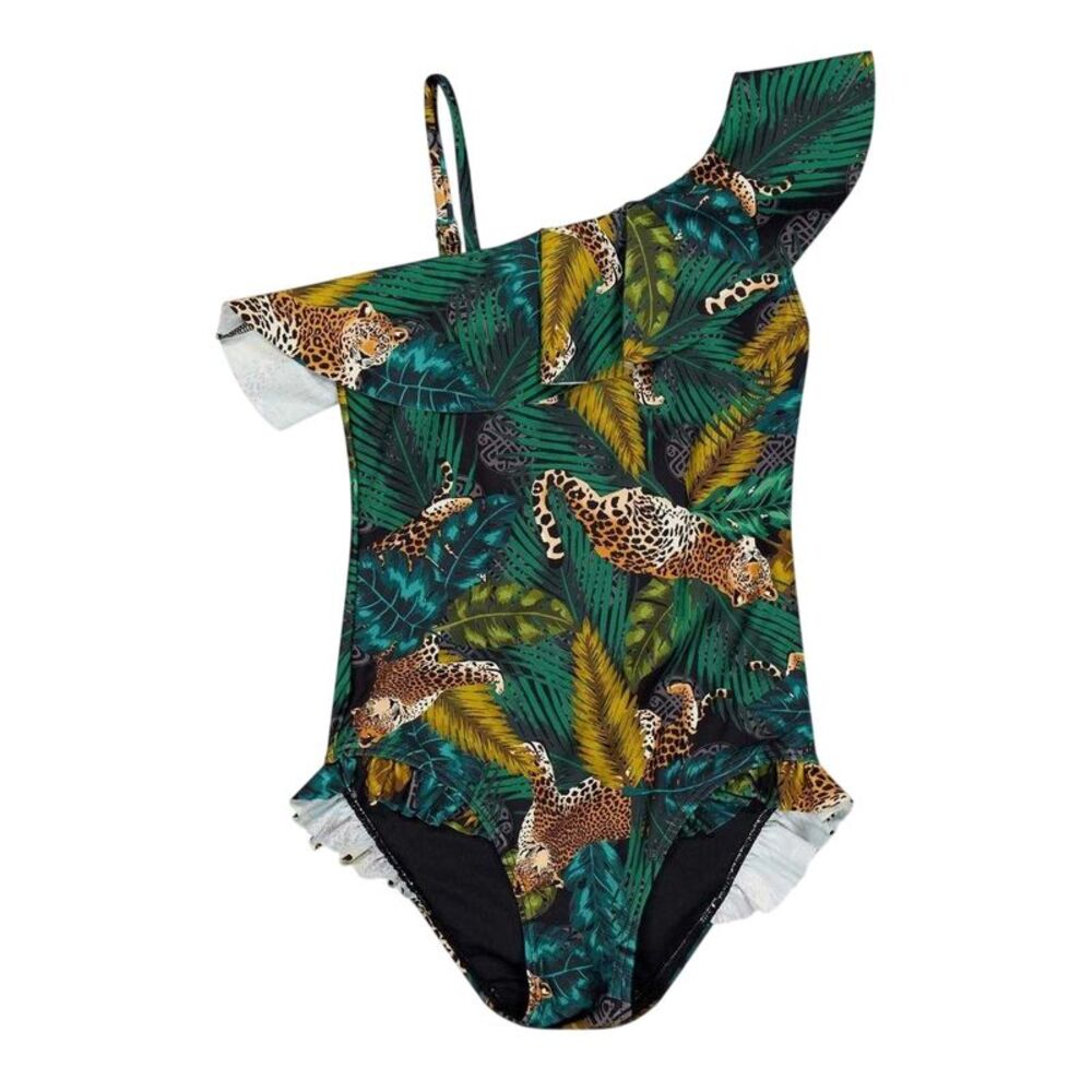 Biba Girls Jungle Print Asymmetric One Piece Bathing Suit / Green/Multicolored